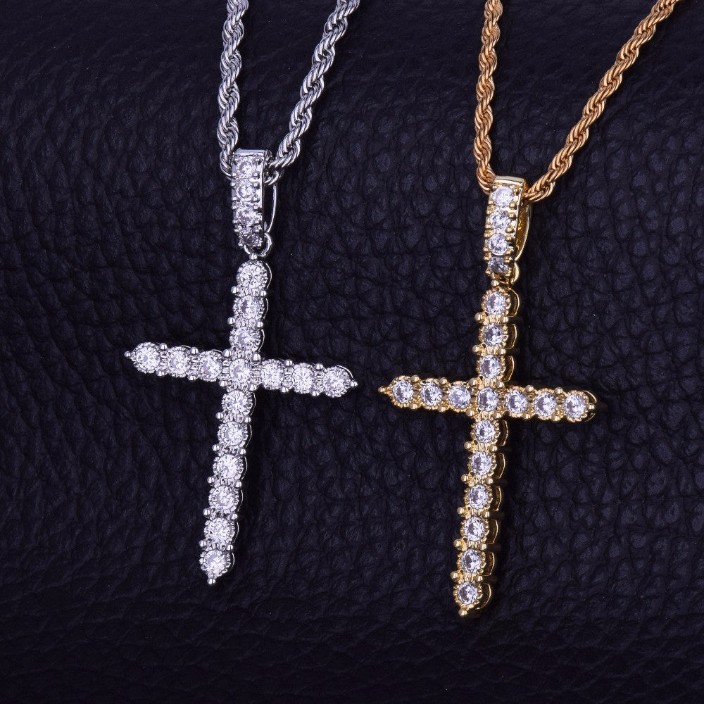 18k Gold .925 Silver AAA Micro Pave Classic Ancient Cross Bling Pendant Chain Necklace