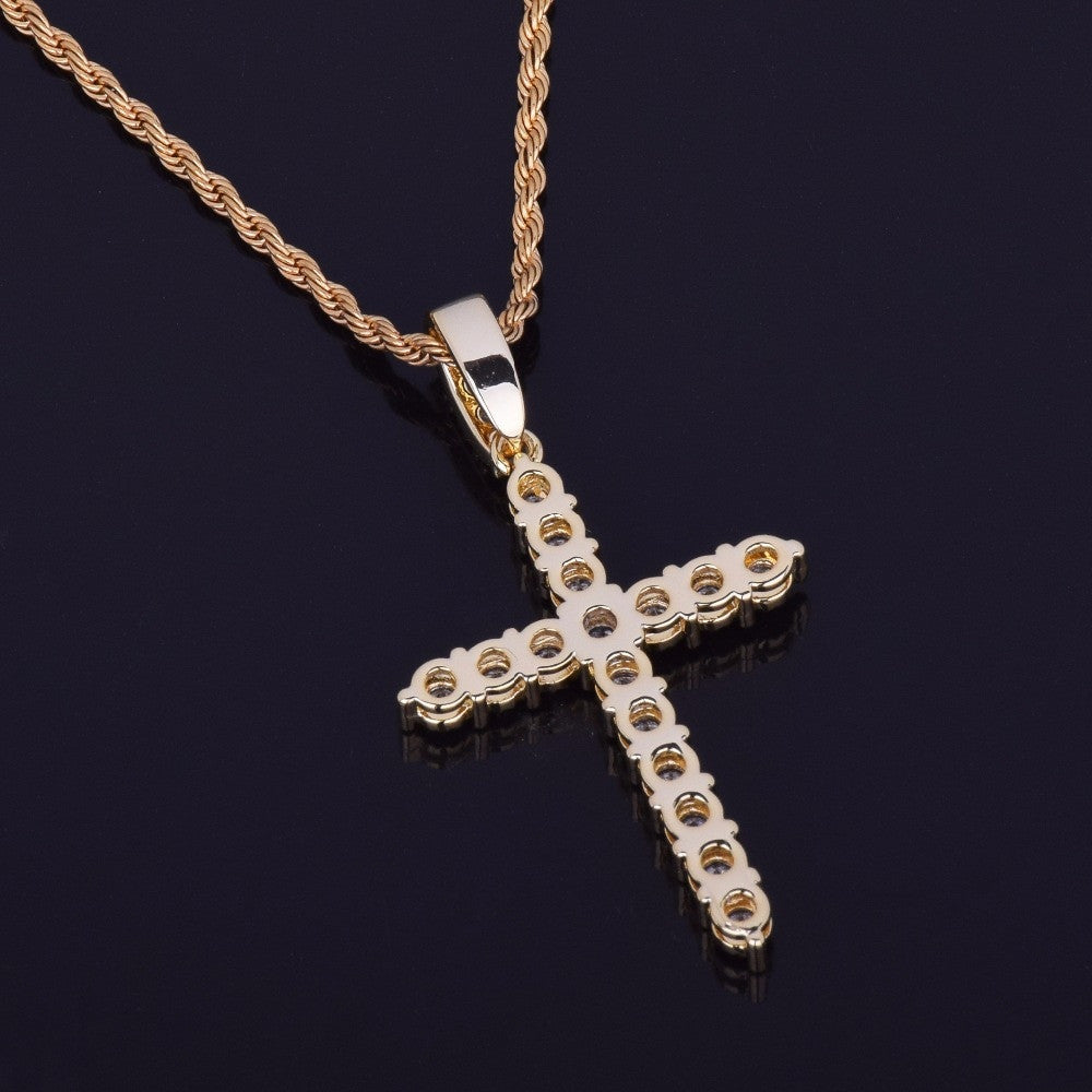 18k Gold .925 Silver Bling AAA Micro Pave Classic Ancient Cross Pendant Chain Necklace