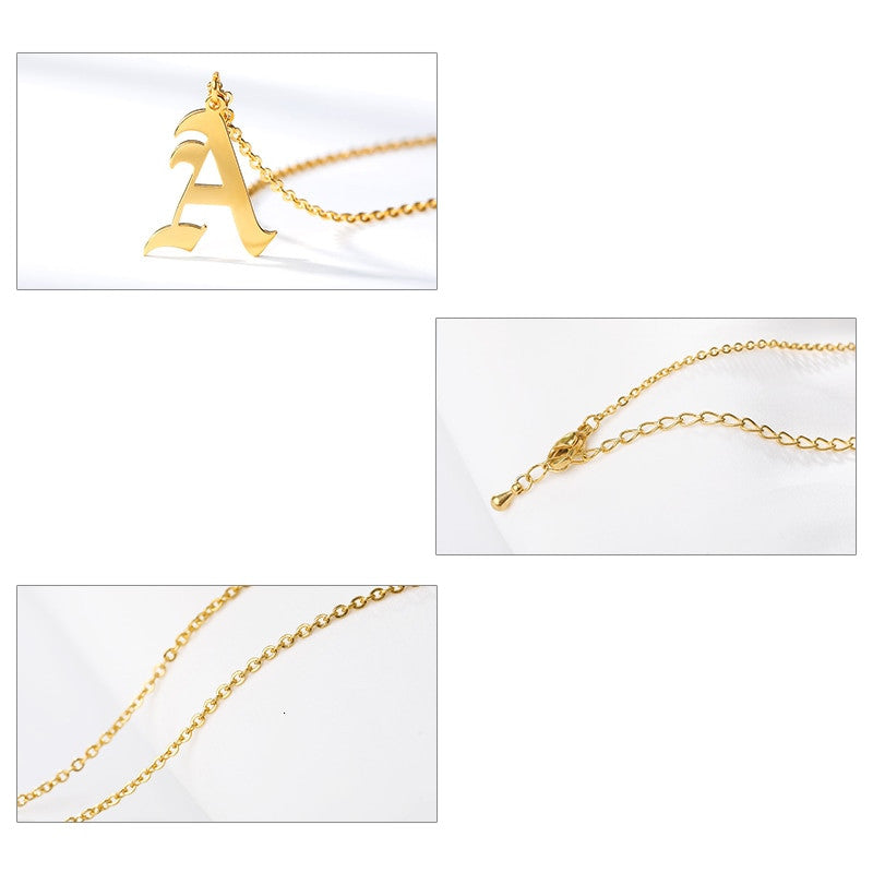 Platinum 14k Rose Gold Stainless Steel Gothic Old English A-Z Letter Initials Necklaces