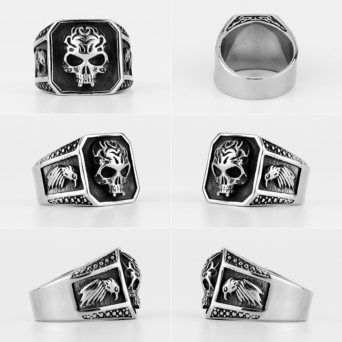 Mens Silver No Fade Stainless Steel Hell Fire Skull Eagle Street Wear Jewelry Rings
