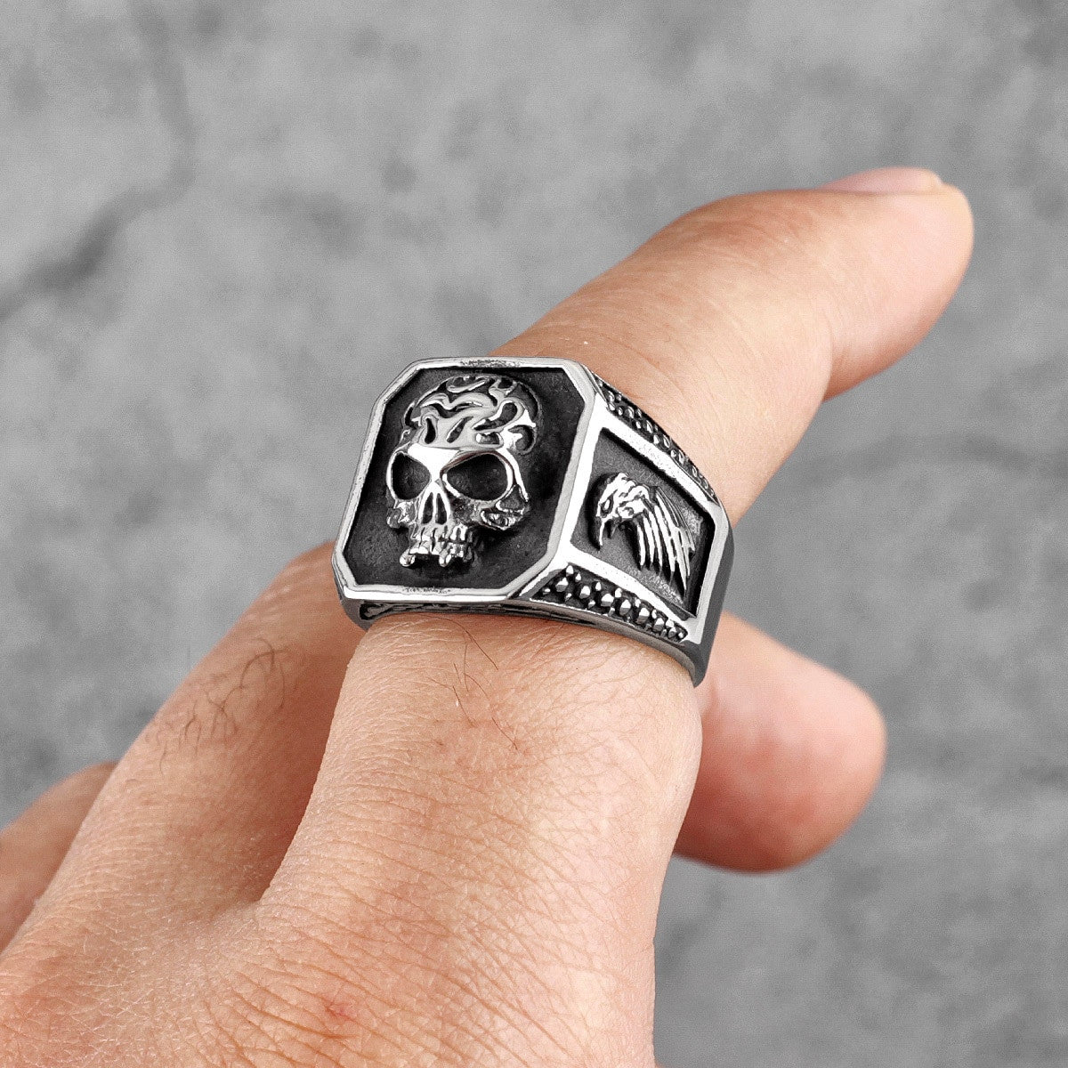 Mens Silver No Fade Stainless Steel Hell Fire Skull Eagle Street Wear Jewelry Rings