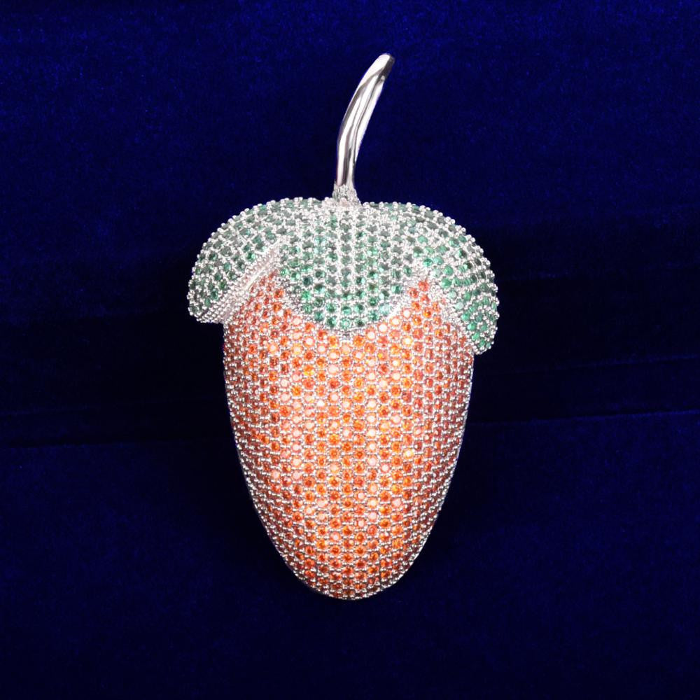 AAA True Micro Pave 18k Gold 925 Silver Strawberry Flooded Ice Pendant Chain Necklace