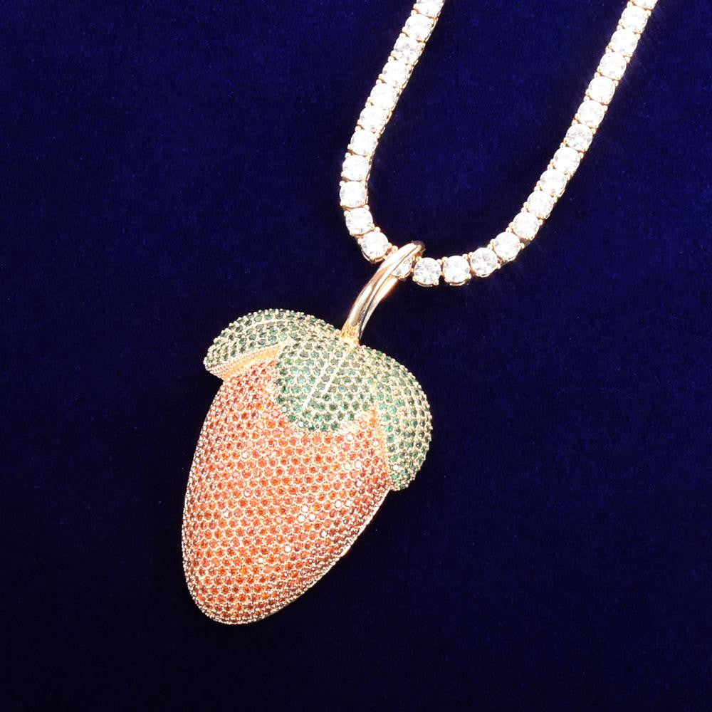 AAA True Micro Pave 18k Gold 925 Silver Strawberry Flooded Ice Pendant Chain Necklace