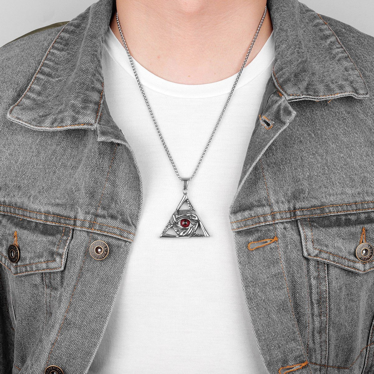 Mens Stainless Steel Eye Of the Guardian Triangle No Fade Pendant Chain Necklace