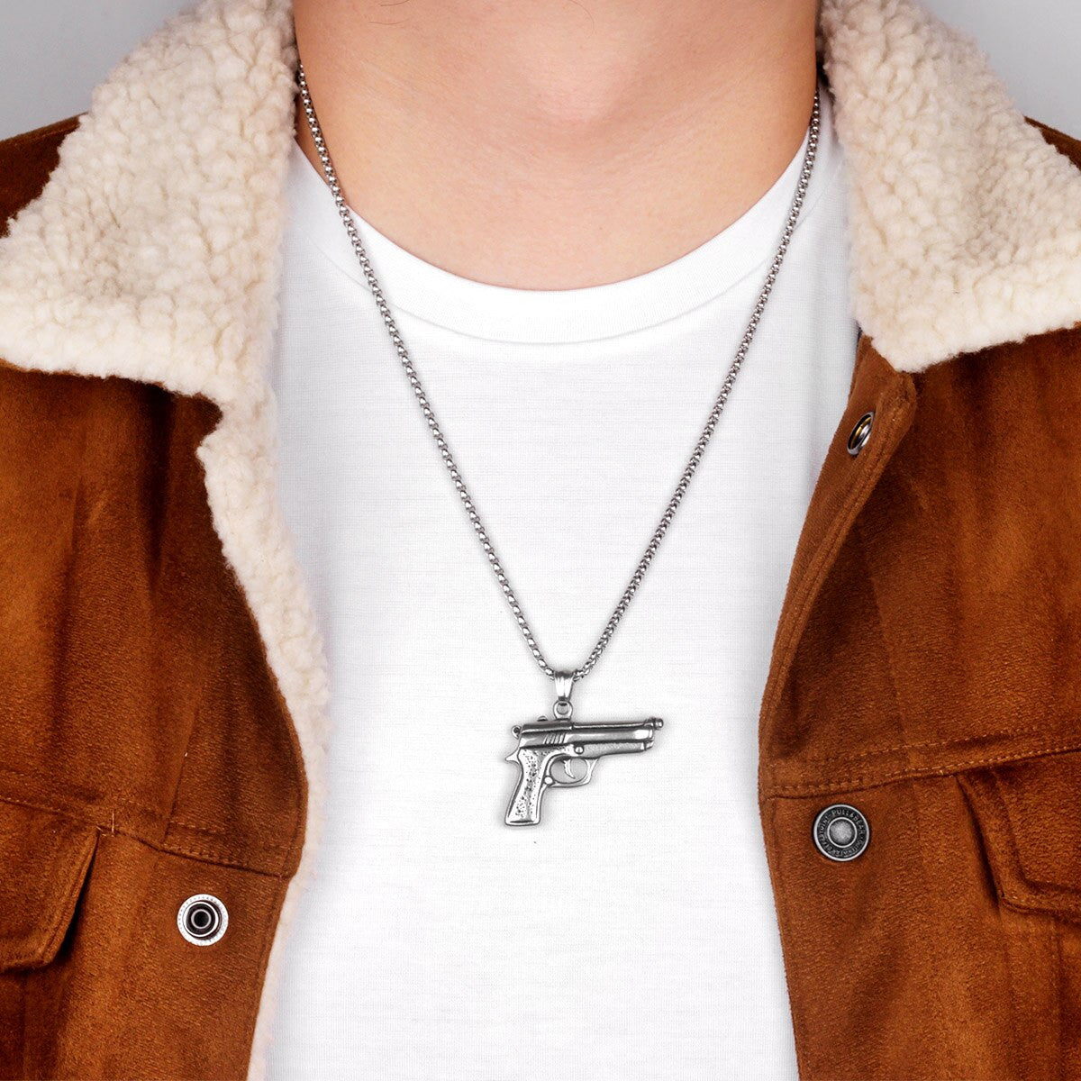 Mens Hip Hop Full 3D Beretta M9 Solid No Fade Stainless Steel Pendant Chain