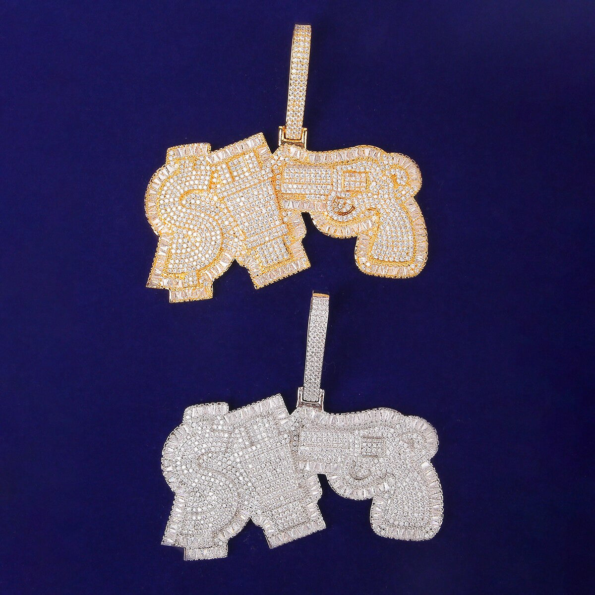 18k Gold White Gold Money Power Respect Gun Plug Dollar Sign Hip Hop Chain Pendant