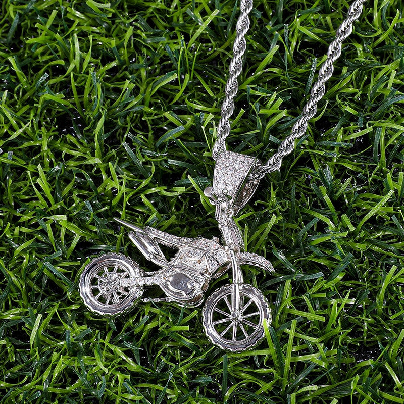 Hip Hop AAA Micro Pave Biker Boy Motorcycle 14k Gold 925 Silver Iced Bling Pendant Chain Necklace