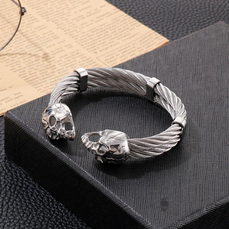 SkullFlex | Mens Double Layer Skull Cable Bangle Stainless Steel Bracelet