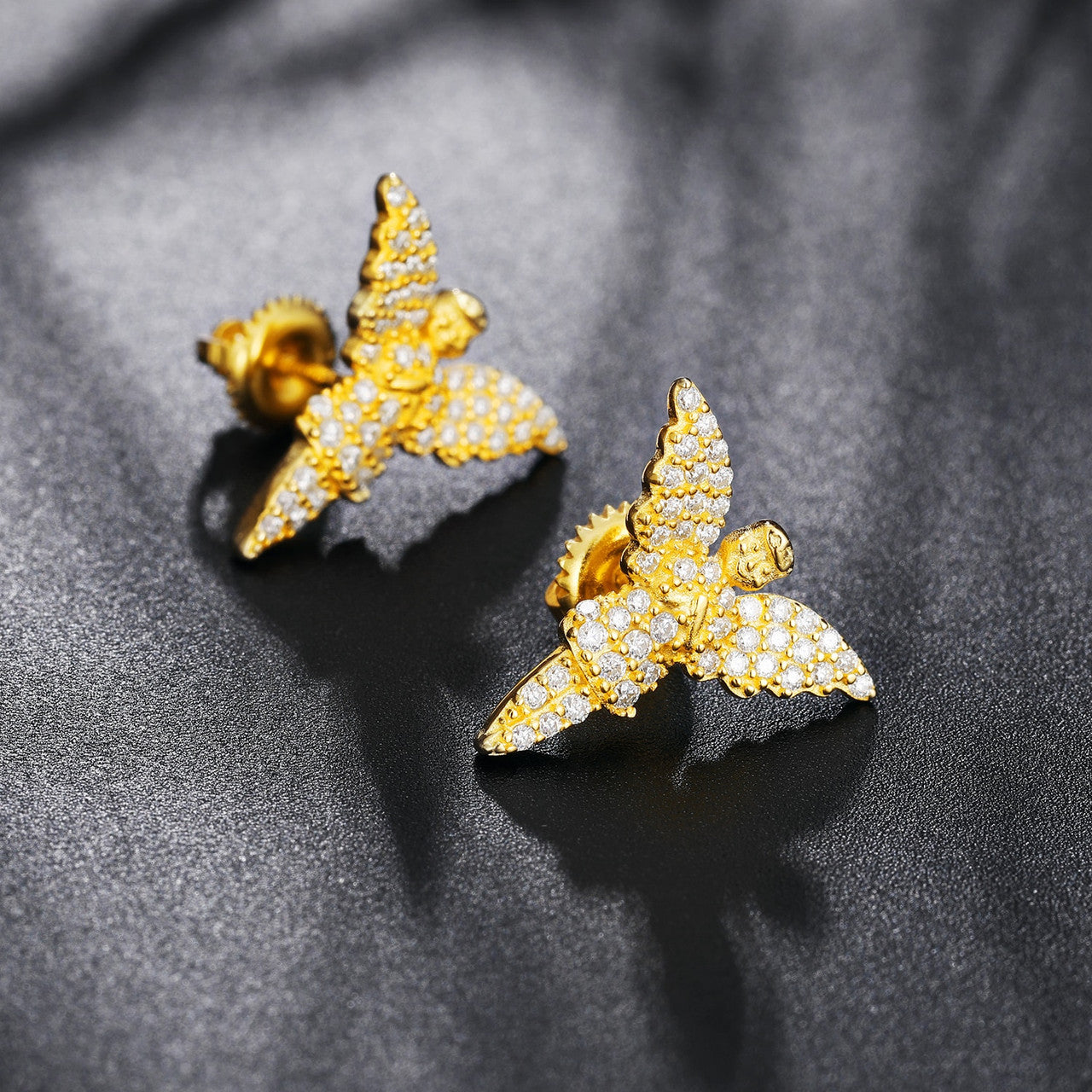 18k Gold 925 Solid Silver Guardian Angel VVS Genuine Diamond Bling Earrings