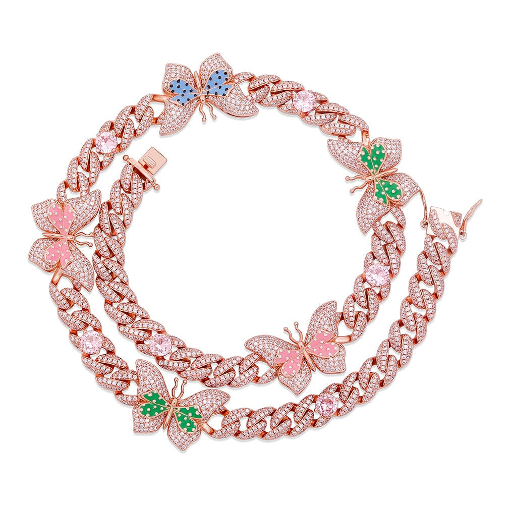 Ladies Double Color Choker Style Butterfly Cuban Link Chain Necklace