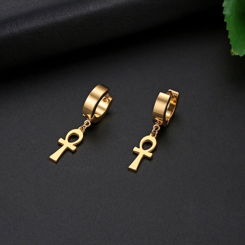 Key Of The Nile Gold Silver Rose Gold Stainless Steel Ankh Cross Huggie Earrings