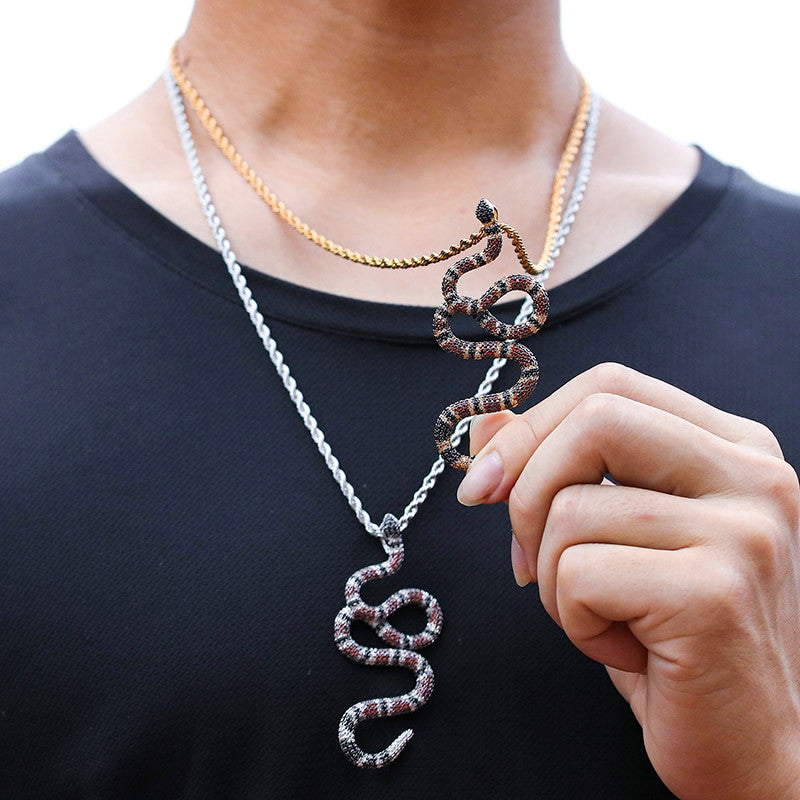 White Gold 18k Gold Bling AAA Micro Pave Coral Snake Serpent Hip Hop Pendant Chain Necklace