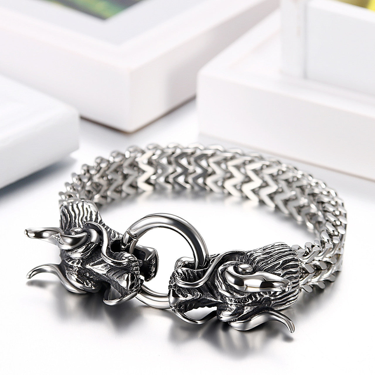 Mens 316L Stainless Steel Foxtail Chinese Style Dragon Chain Bracelet