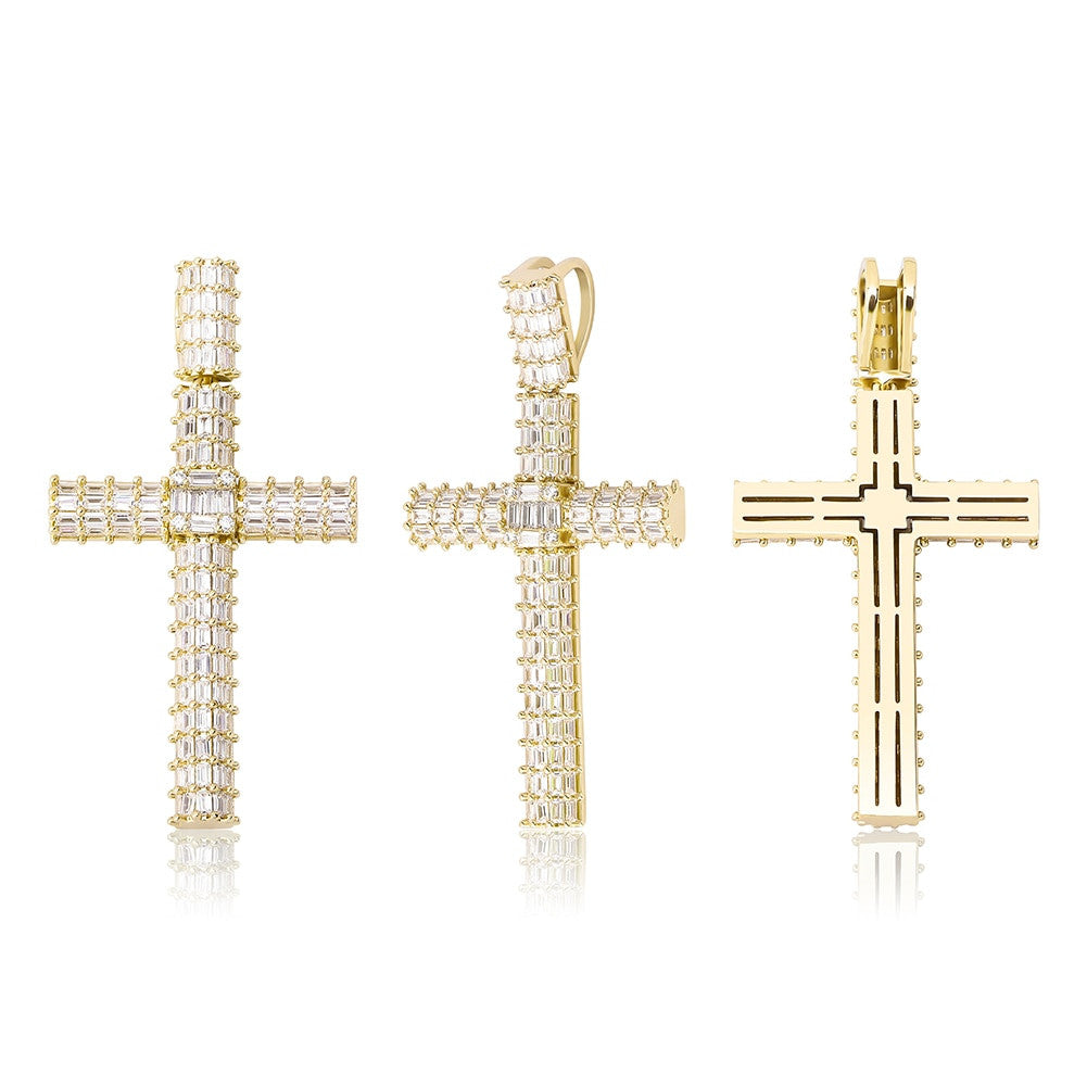 Mens All Baguette Flooded Ice Yellow White Rose Gold Bling Cross Pendant