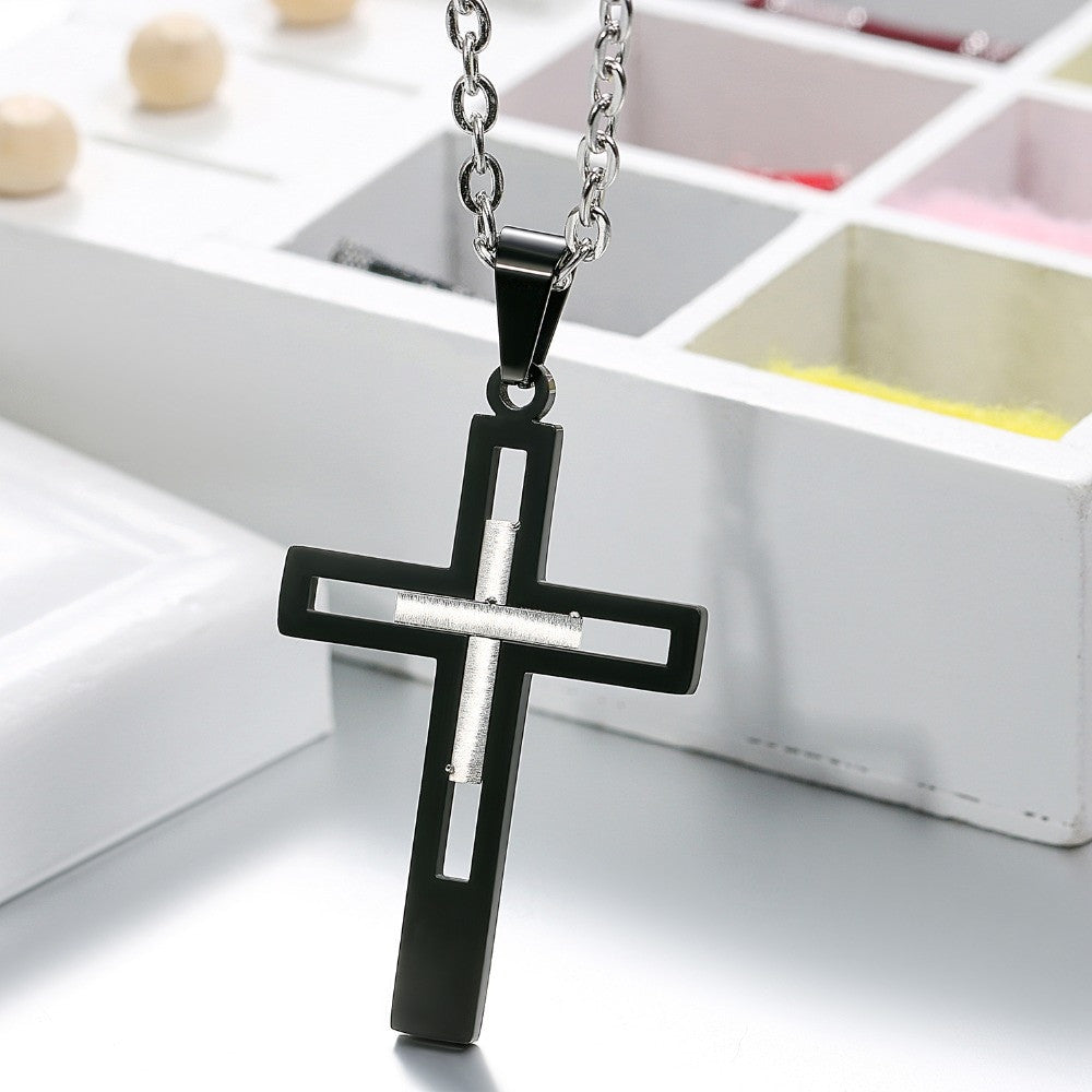 Retro Stainless Steel Gold Black Blue Silver Christian Cross Pendant Chain Necklace