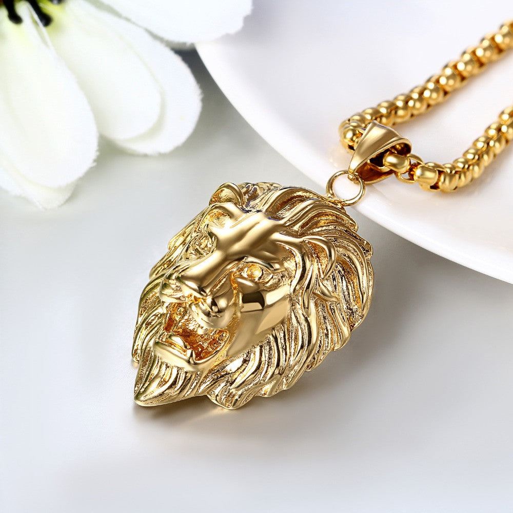 Stainless Steel Lion Of Judah Black Gold Pendant Chain Necklace