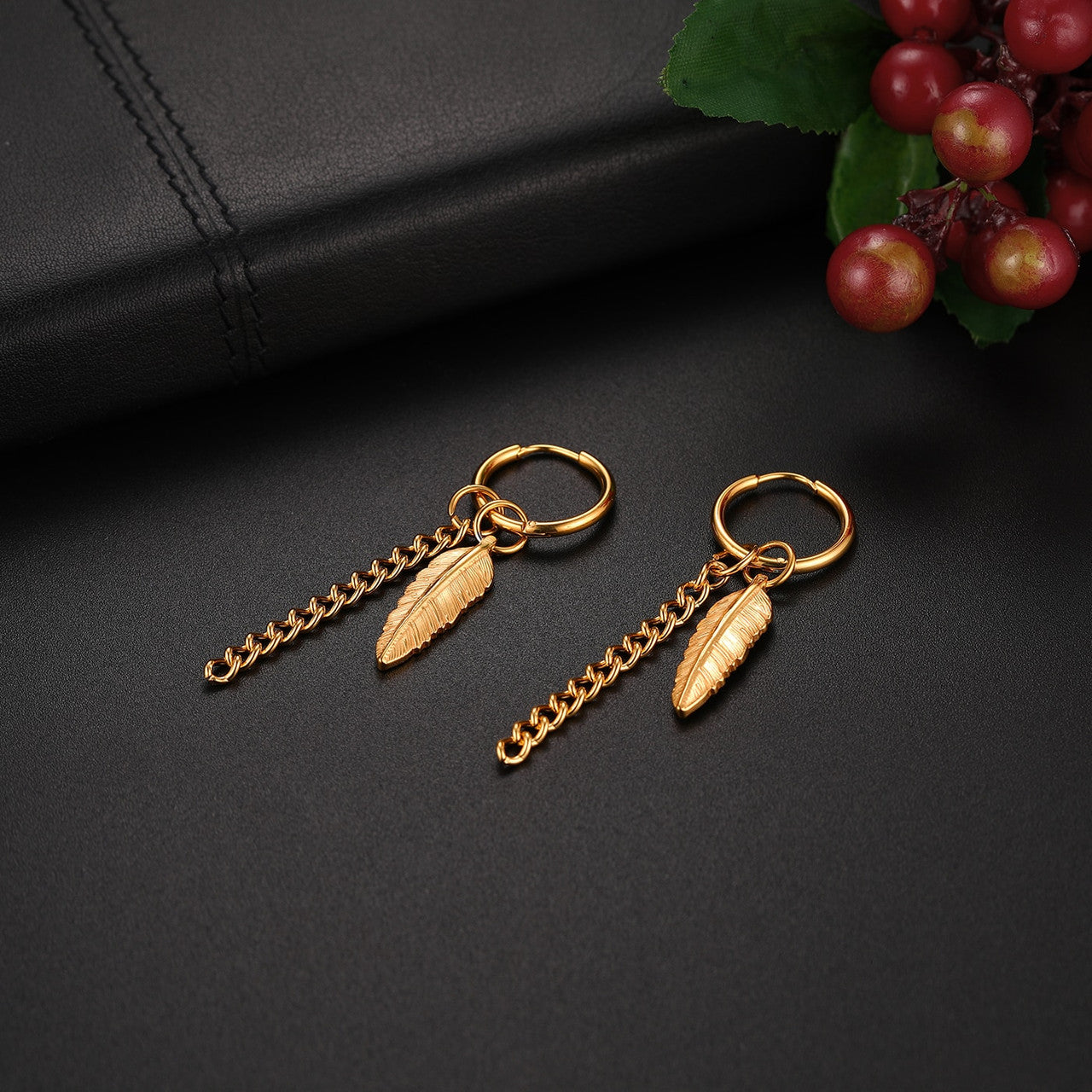 Black 14k Gold Silver over Stainless Steel Tribal Feather Leaf Earrings