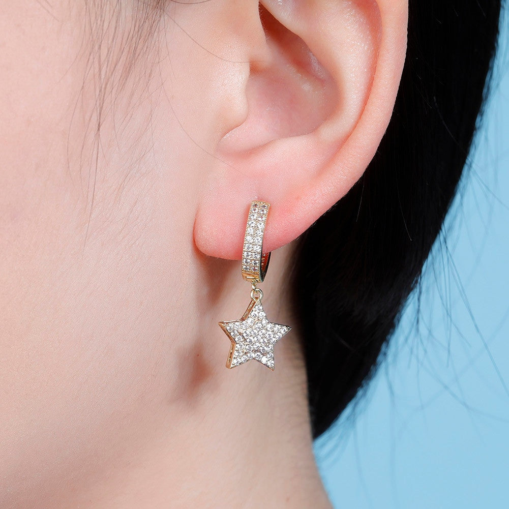 Retro Huggie Star | Hip Hop 5 Point Huggie 18k Gold Rose Gold 925 Silver Bling Earrings