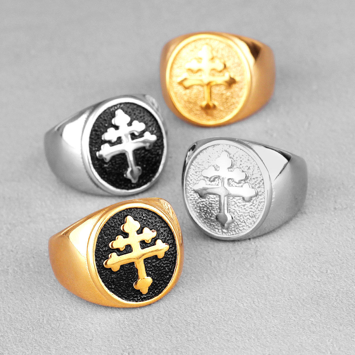 Lorraine Cross | 14k Gold Black 316L No Fade Stainless Steel Men's Cross Ring