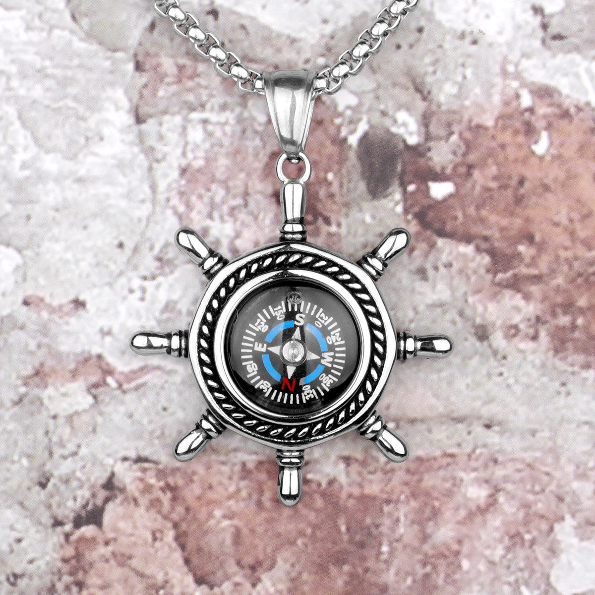 Mens No Fade Stainless Steel Captains Wheel Compass Street Wear Pendant Chain