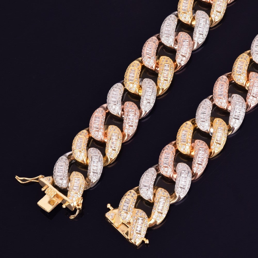 24k Gold .925 Silver Rose Gold Tri-Color Baguette Miami Cuban Link 22mm Floded Ice Chain Necklace