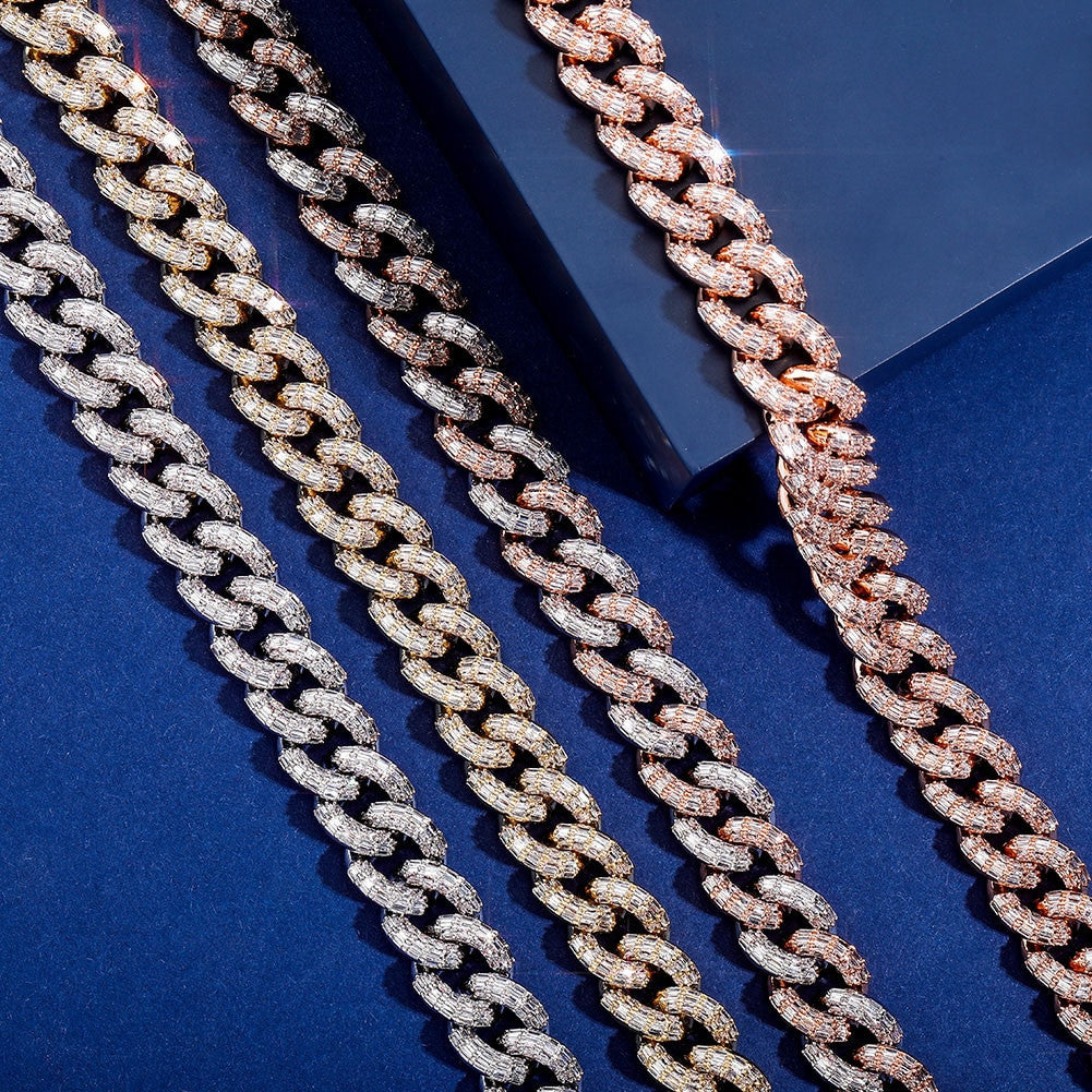 Hip Hop 16mm Miami Cuban Flooded Ice Baguette Micro Pave Set Chain Necklace