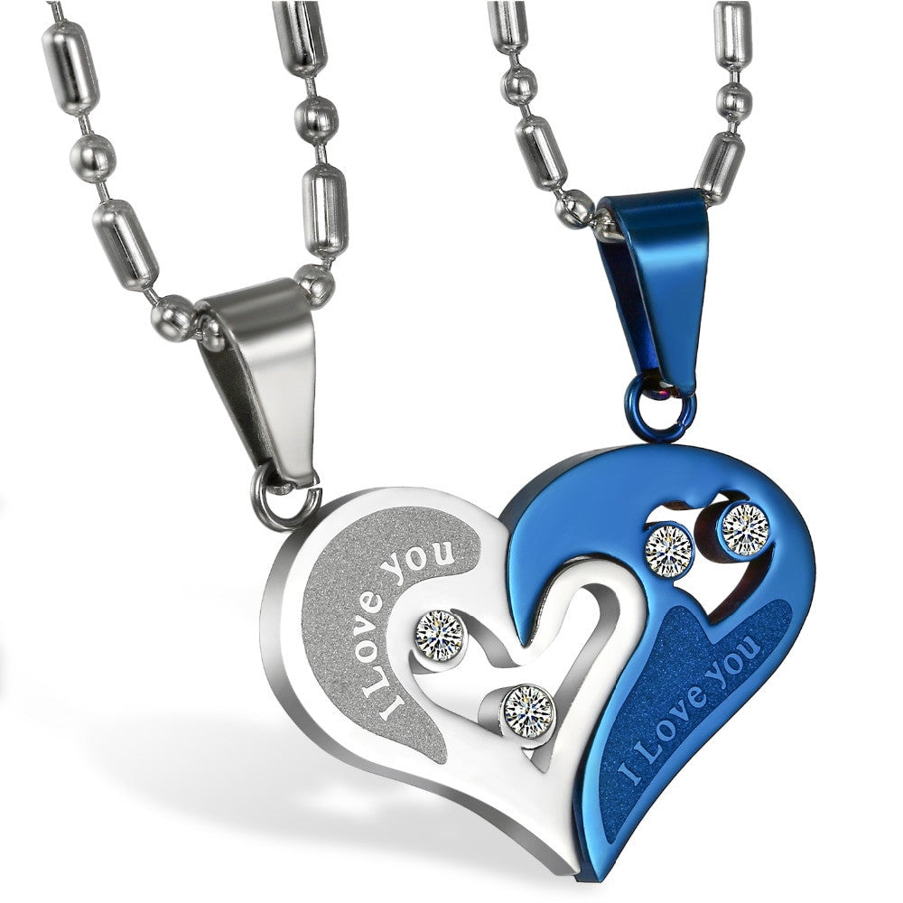 2 Piece Matching Couples Lovers No Tarnish Stainless Steel I Love You Heart Chain Necklace