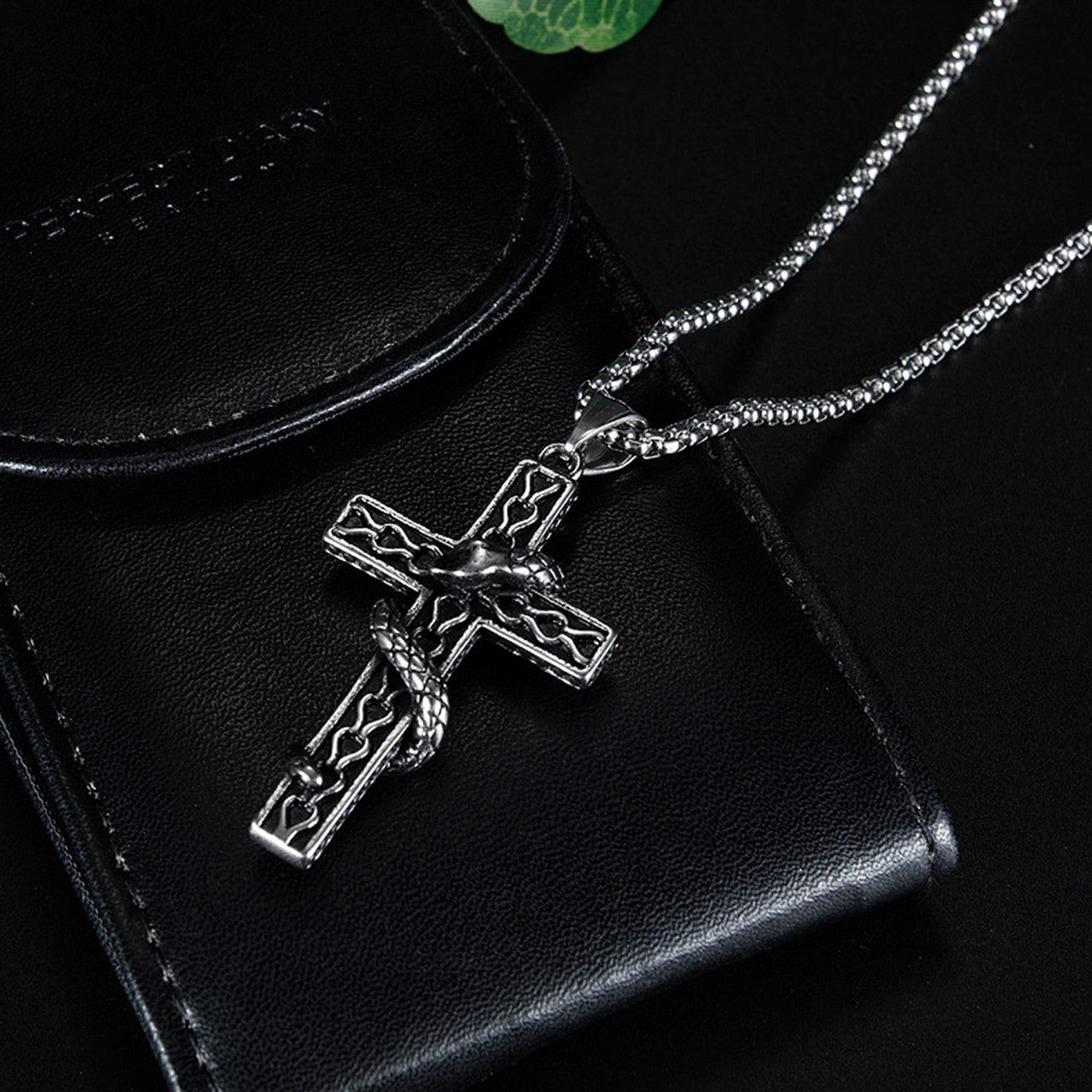 Stainless Steel Snake Serpent Men's Cross Pendant Chain Necklace