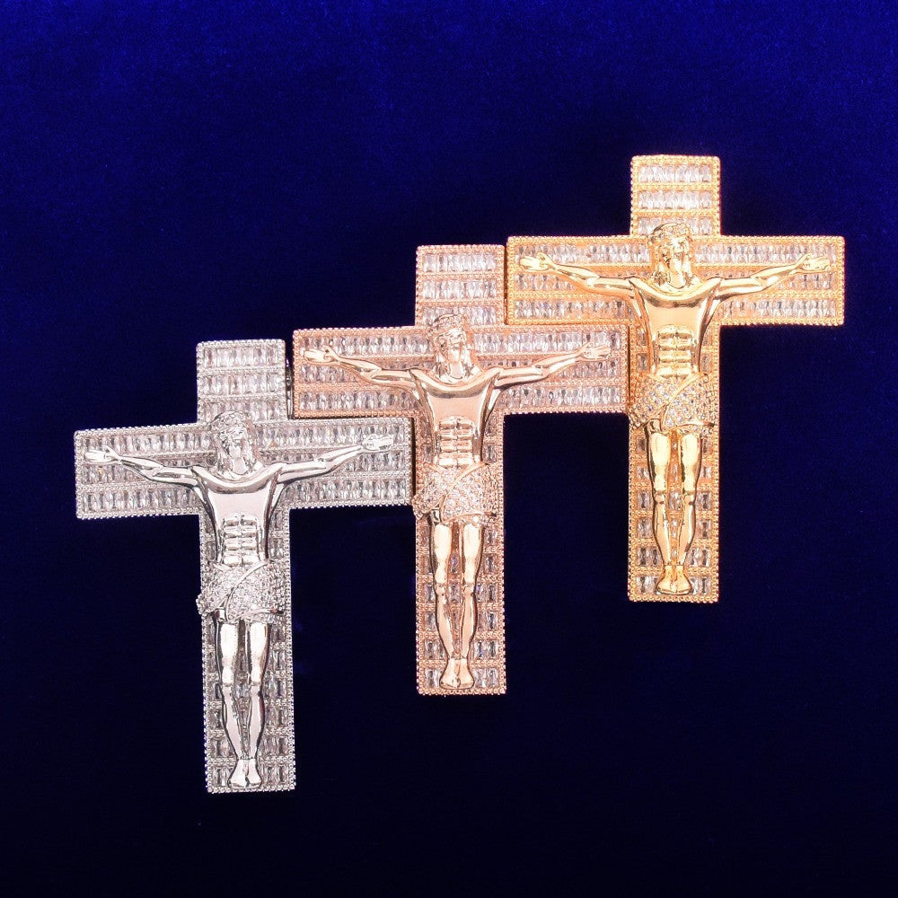 18k Gold .925 Silver Rose Gold Crucifix Jesus Cross Baguette Flooded Ice Hip Hop Pendant