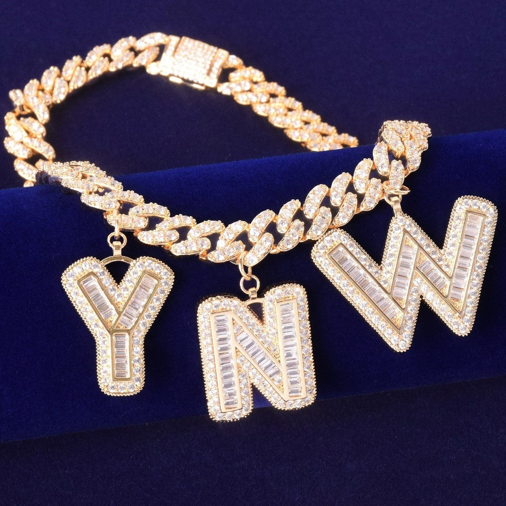 18k Gold .925 Silver Rose Gold Flooded Ice Baguette Stone 10mm Custom Letter Cuban Link Chain