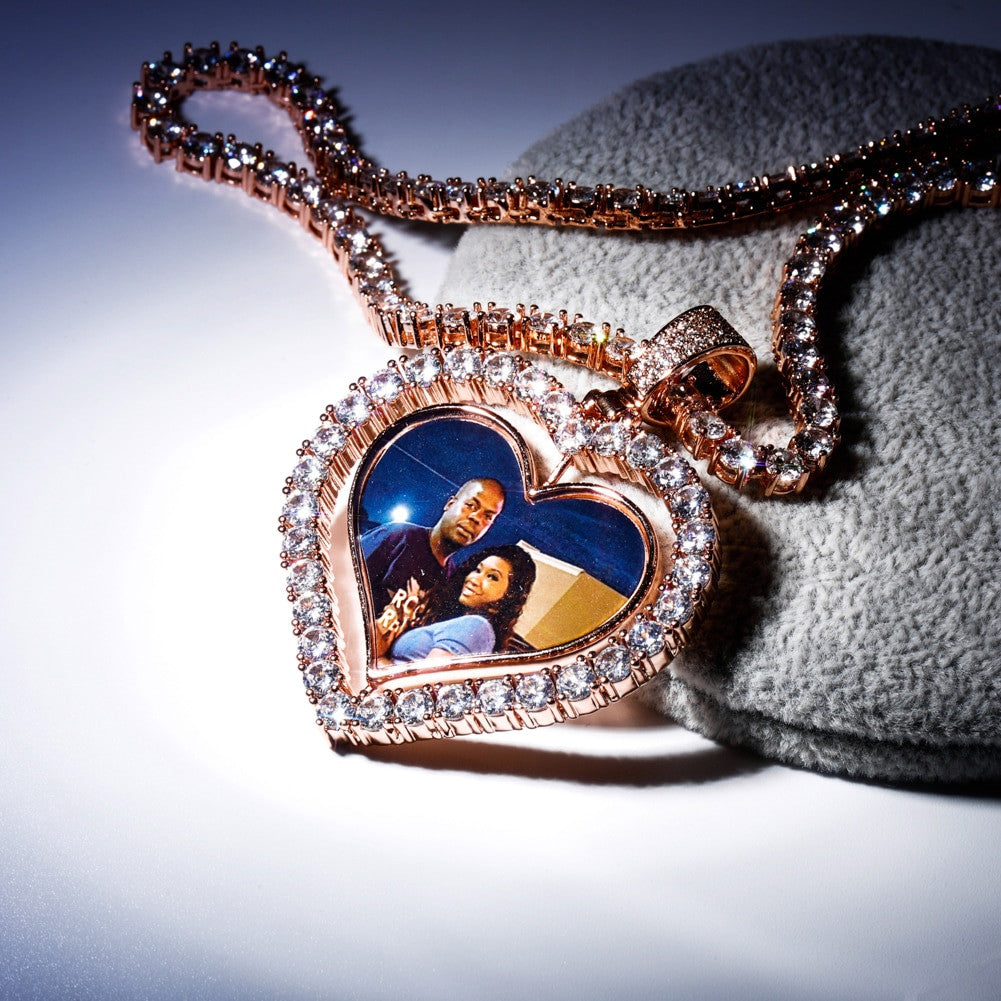 Custom Heart Shaped Spinning Photo Double Sided Picture Pendant Necklace