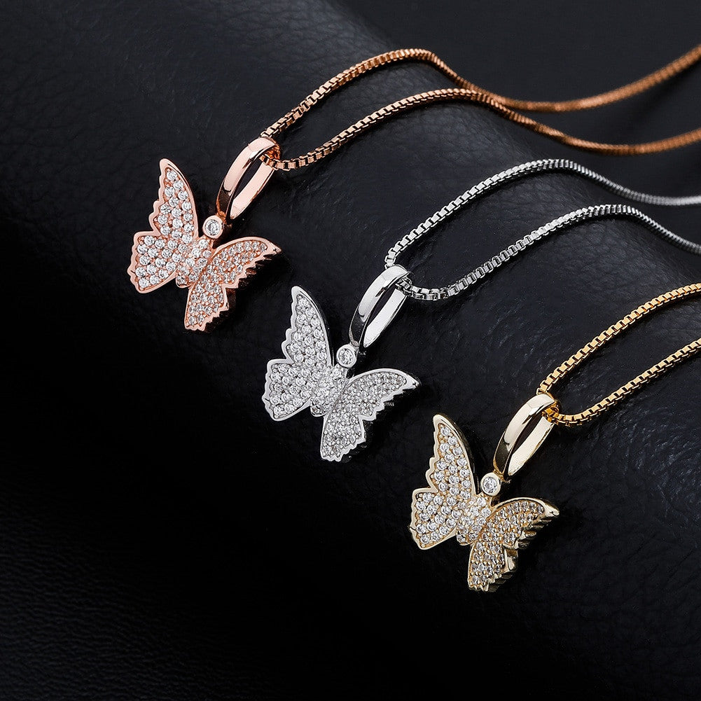 Ladies 925 Sterling Silver Bling Bling Delicate Butterfly Pendant Chain Necklace