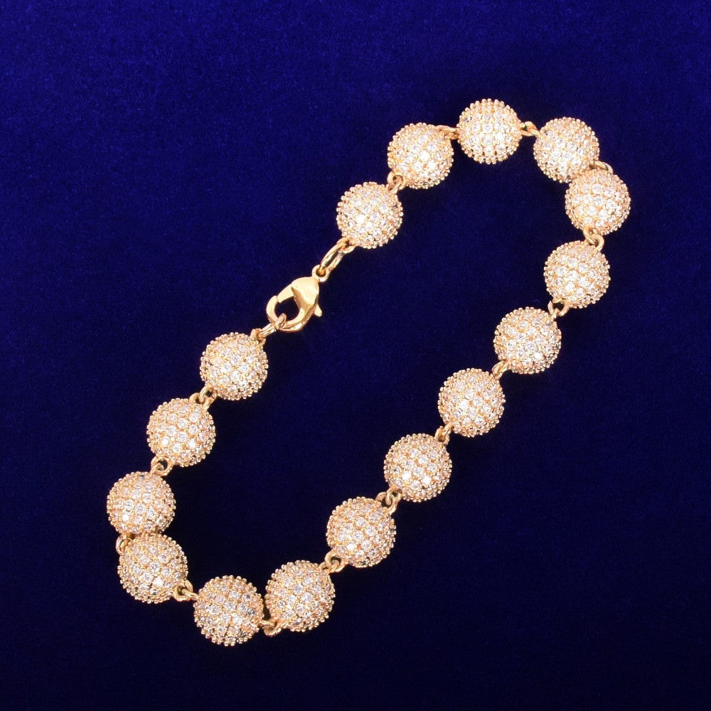 24k Gold .925 Silver 10mm Flooded Ice AAA Micro Pave Ball Round Bead Hip Hop Bracelet