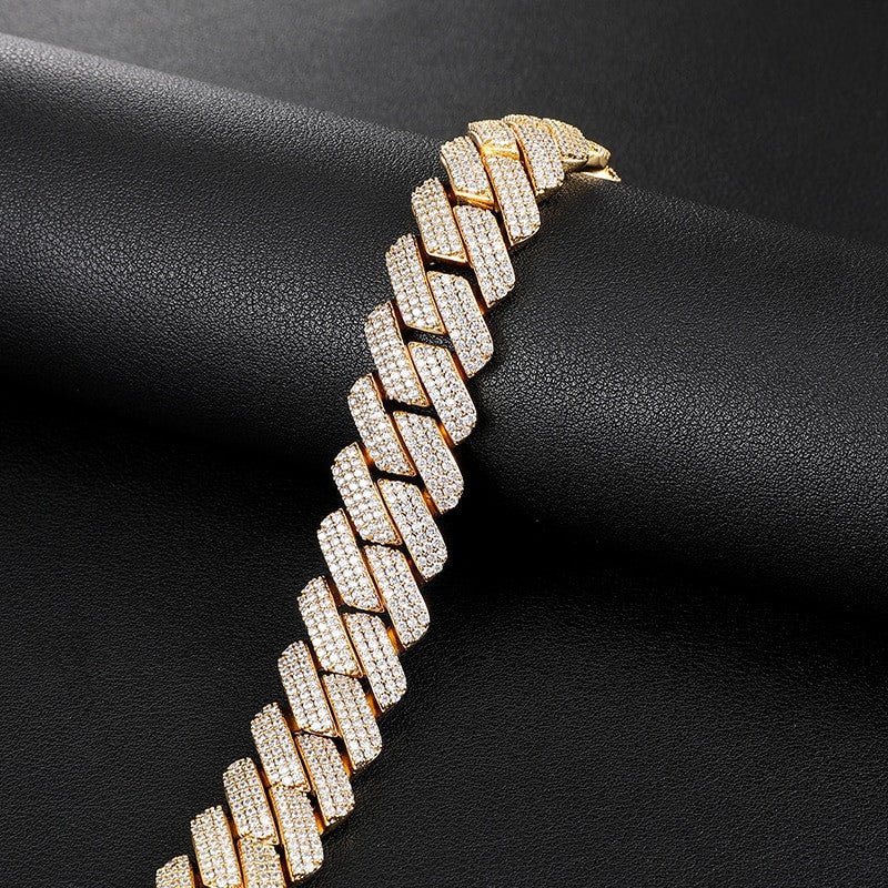 Hip Hop 19mm Close Cut Miami Cuban Link Buckle Clasp AAA Micro Pave Chain Bracelet Set