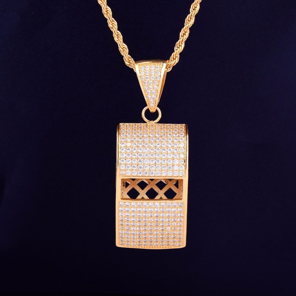 AAA Micro Pave Silver 18k Gold .925 Silver Flooded Ice Hip Hop Whistle Pendant Chain Necklace