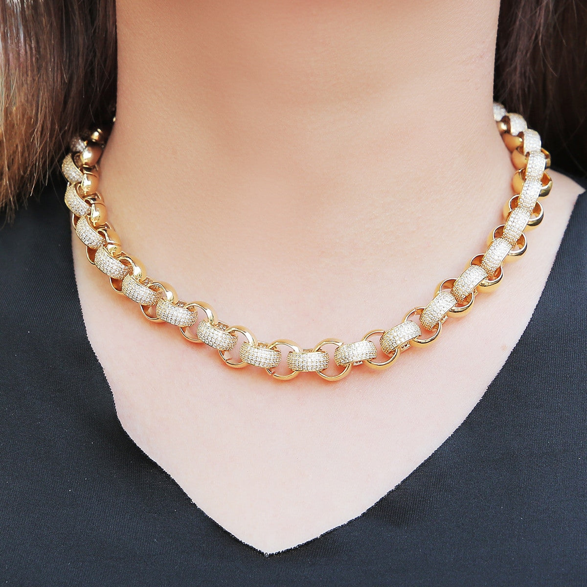 Flooded Ice 18k Gold .925 Silver 10mm Open Rolo Link Hip Hop Jewelry Chain Bracelet Set