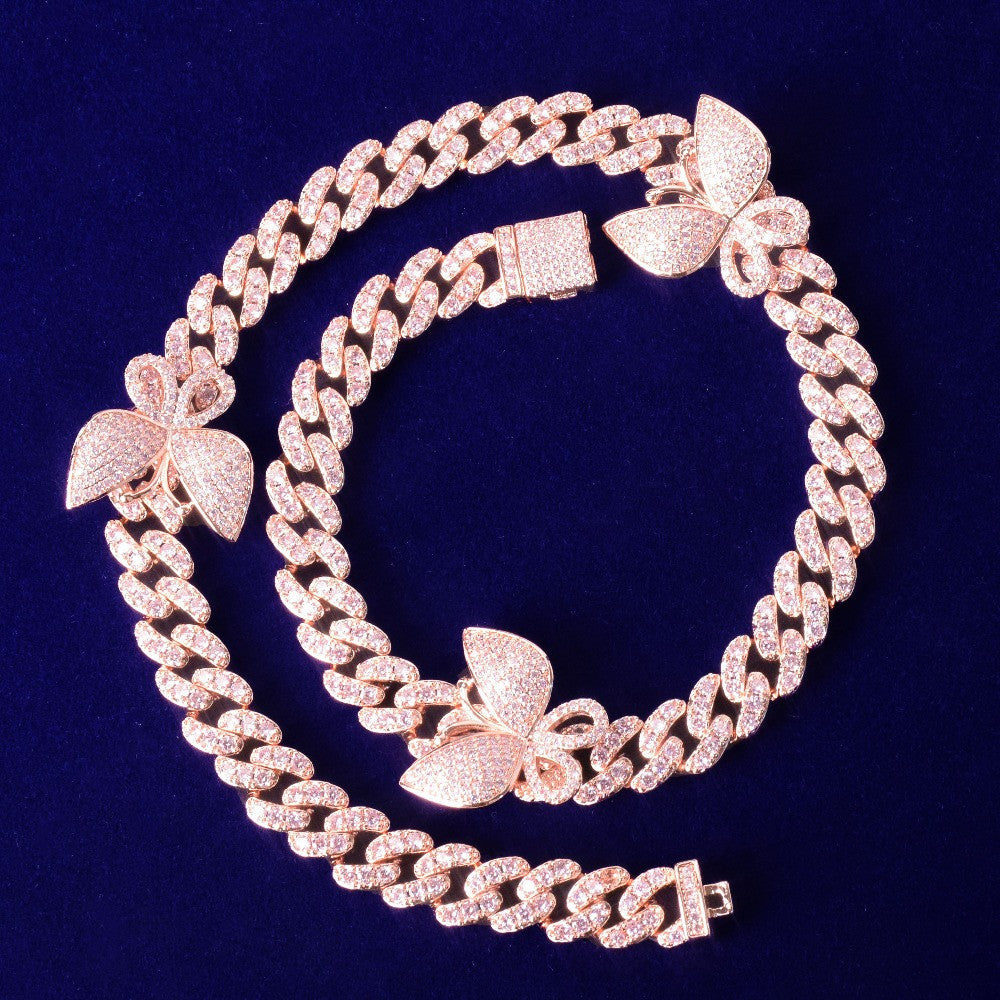 24k Gold Butterfly AAA Micro Pave Ultra Ice Cuban Link Chain Necklace