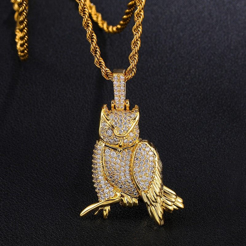 18k Gold White Gold Perched Owl AAA Micro Pave Hip Hop Pendant Chain Necklace