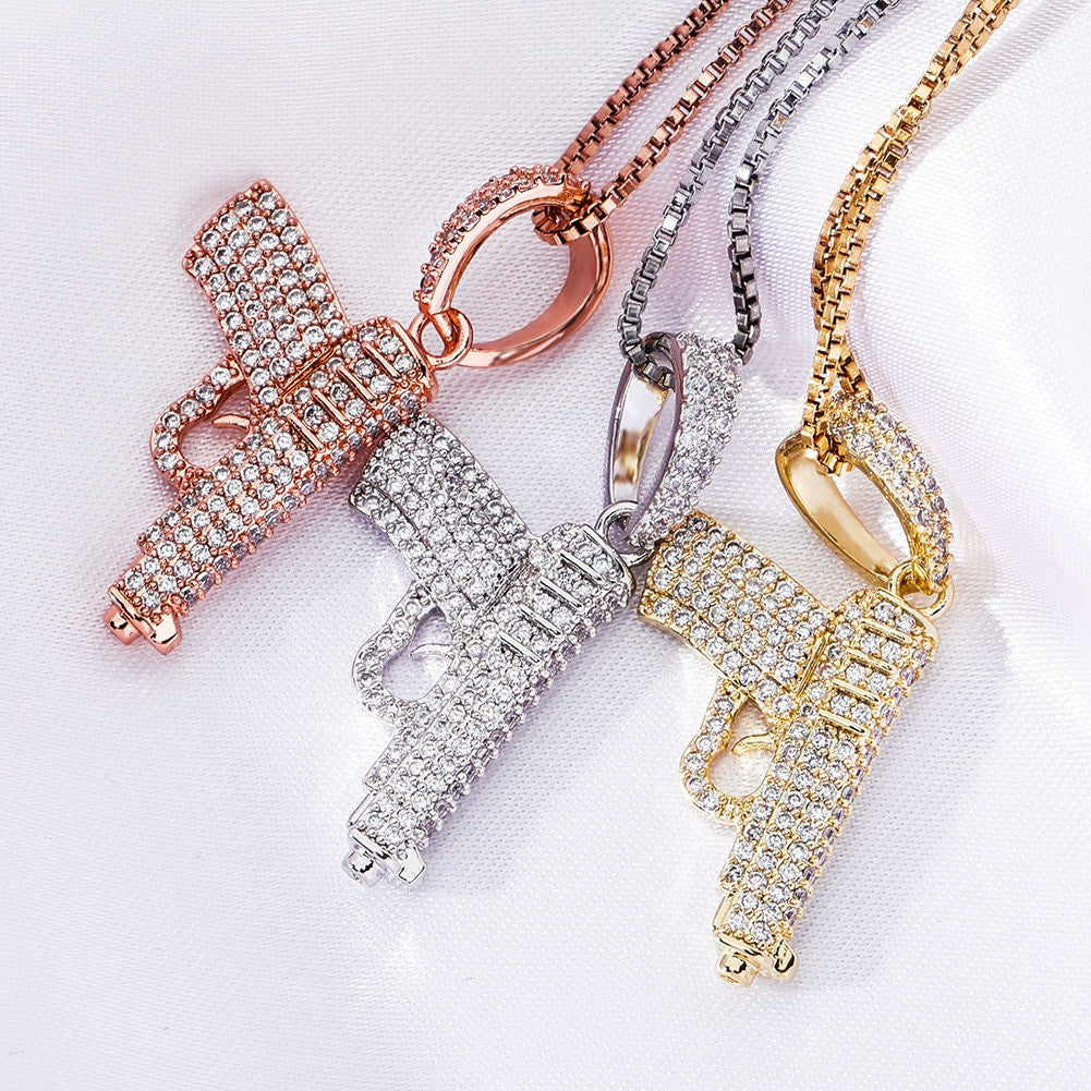 Ride or Die Hip Hop 925 Sterling Silver Rose Gold 14k Hip Hop Gun 380 Pistol Bling Pendant