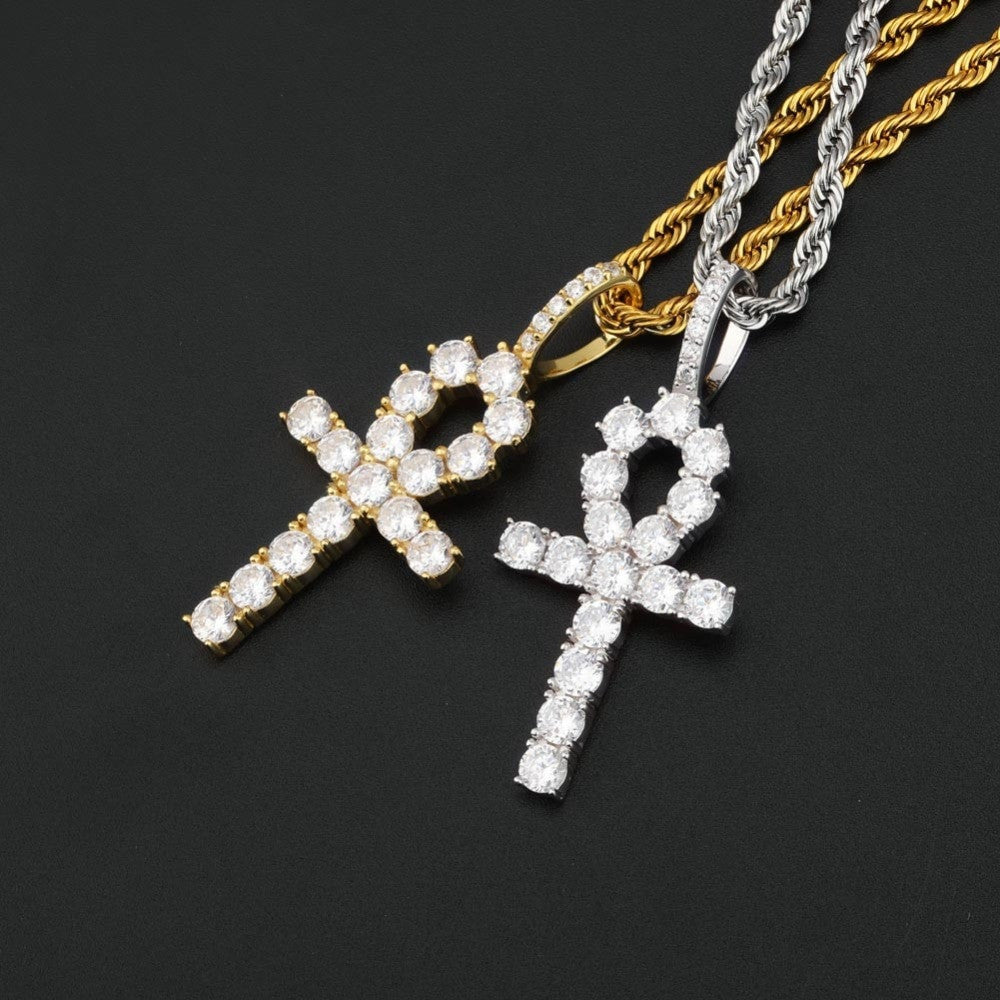 Key Of Life 925 Sterling Silver Iced Ankh Cross Egyptian Pendant Necklace
