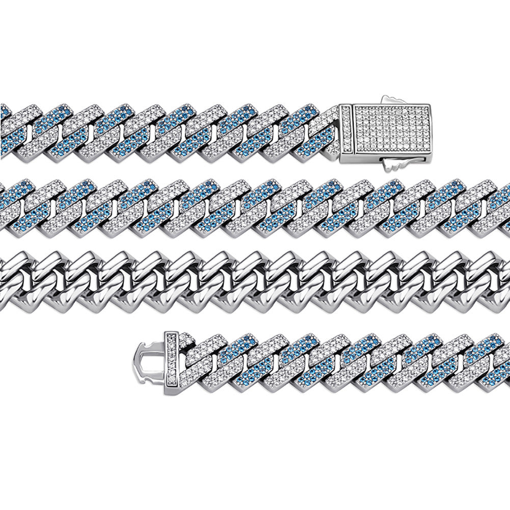 Mens Iced Beautiful Prong Set Blue White Stone Hip Hop Cuban Link Chain Necklace