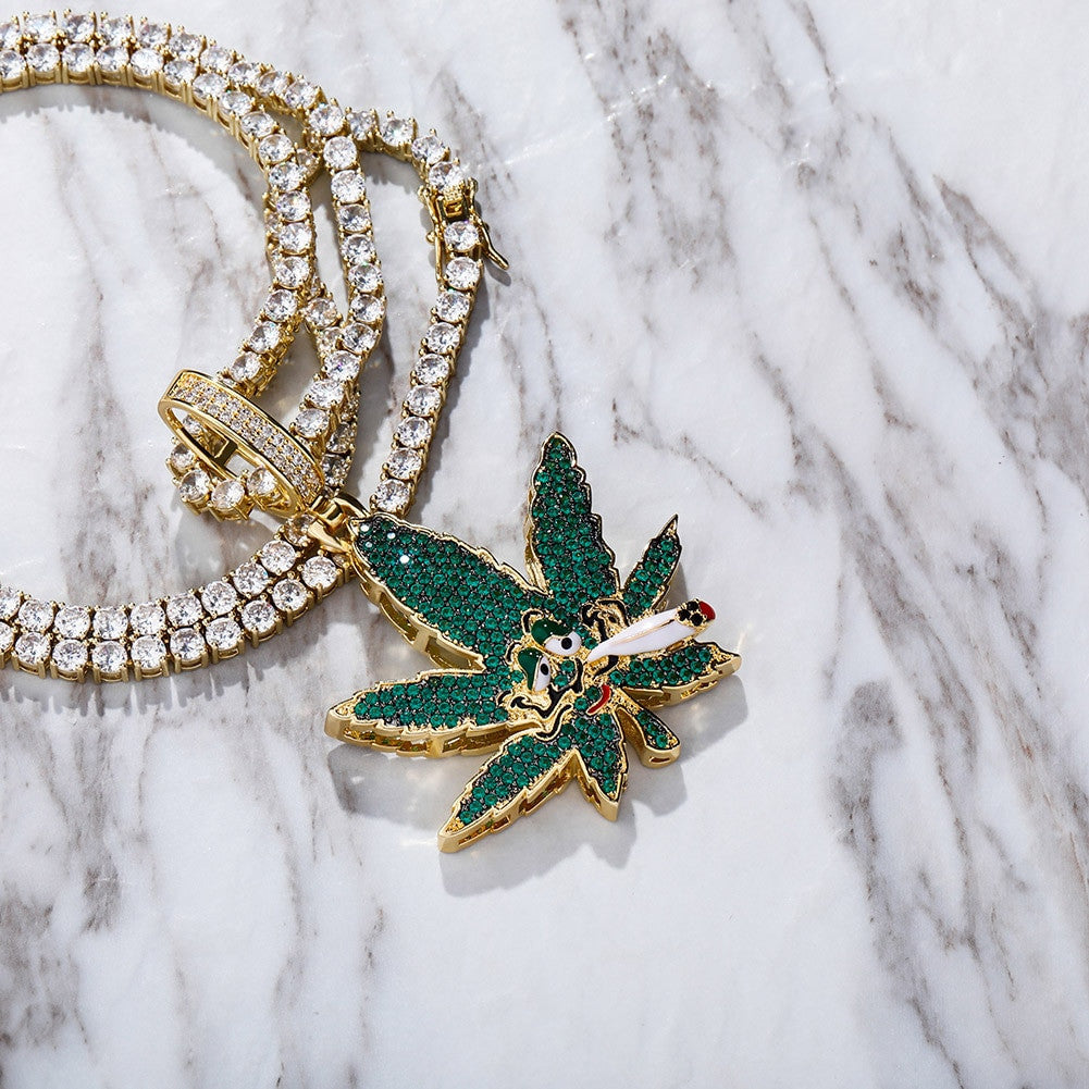 Flooded Ice Green Smoking Leaf Hip Hop Weed Pendant Bling Chain Necklace