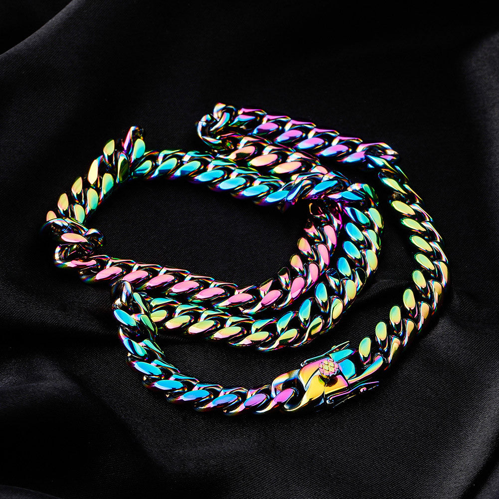 10mm Stainless Steel Fashion Rainbow Color Cuban Link Hip Hop Chain Necklace