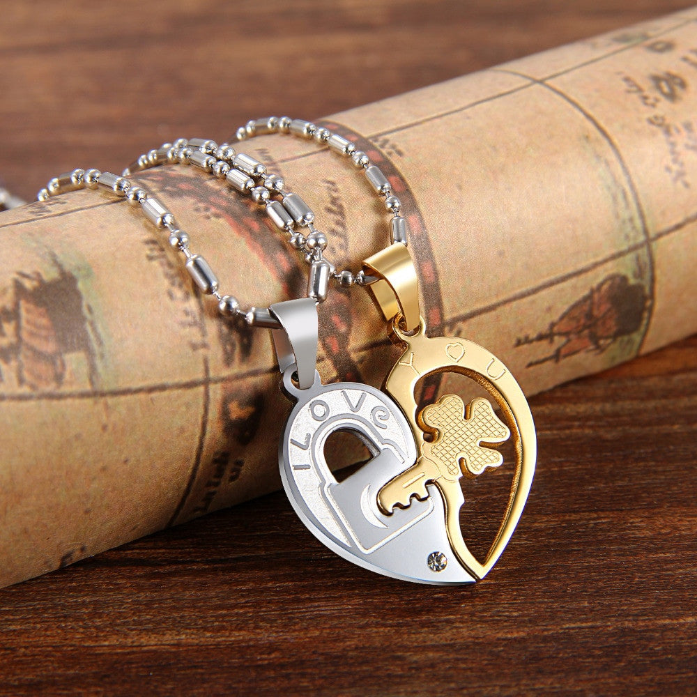 Couples Lock and Key To My Heart No Fade Stainless Steel Bling Pendant Necklace