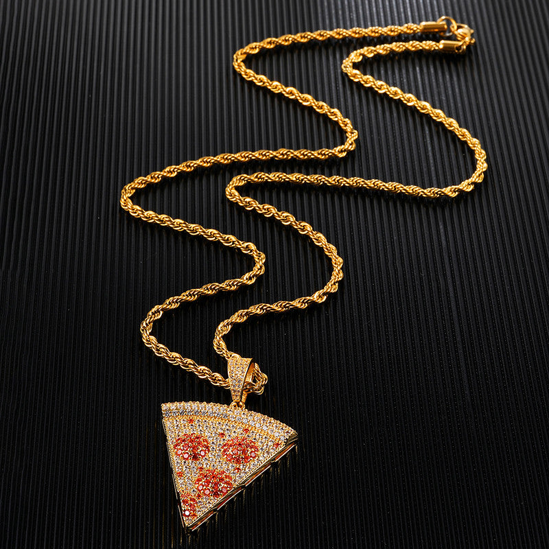 Hip Hop Full AAA Micro Pave Simulate Diamond Slice of the Pie Pizza Hip Hop Pendant Chain Necklace