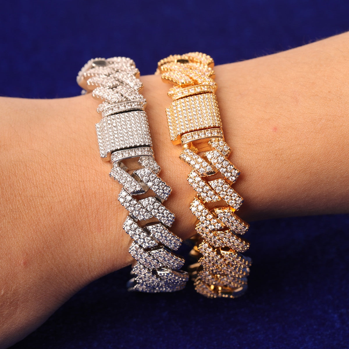 24k Yellow 14k White Gold Close Cut Cluster Stone Miami Cuban Link Hip Hop Bracelet