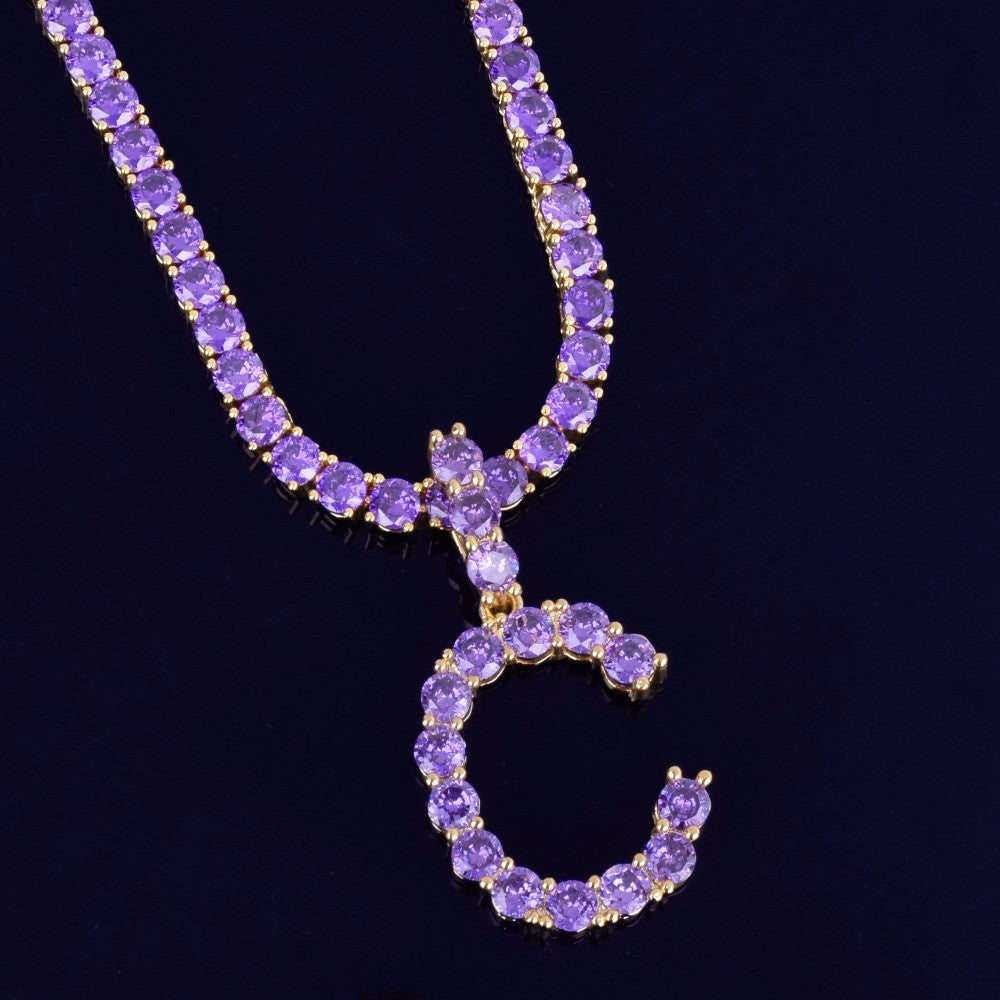 Hip Hop Purple Hazed Custom Tennis Letter Pendant Chain Necklace