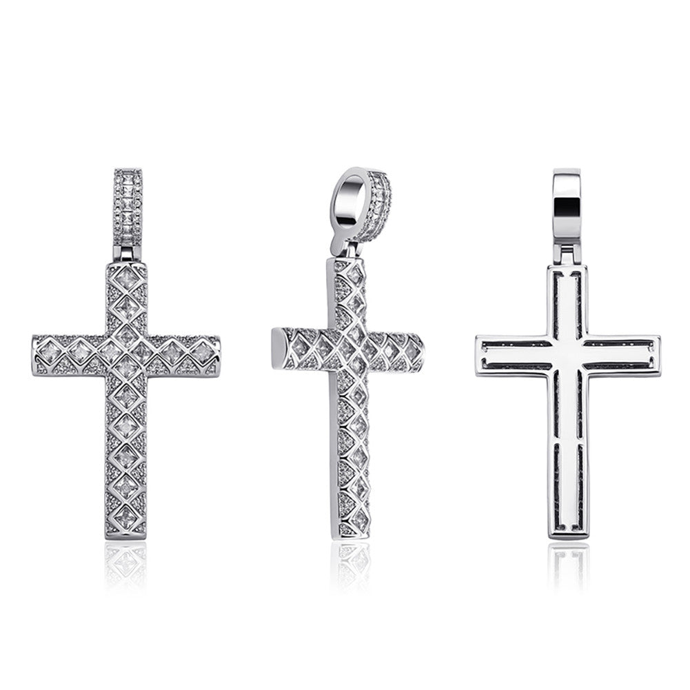 Mens Hip Hop Jagged Baguette 14k Gold 925 Silver Bling Cross pendant Chain Necklace