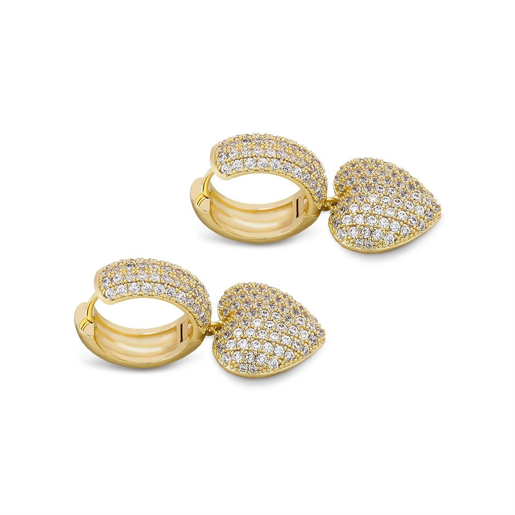 Ladies 5A Micro Pave Huggie Style Bling Bling Heart Earrings