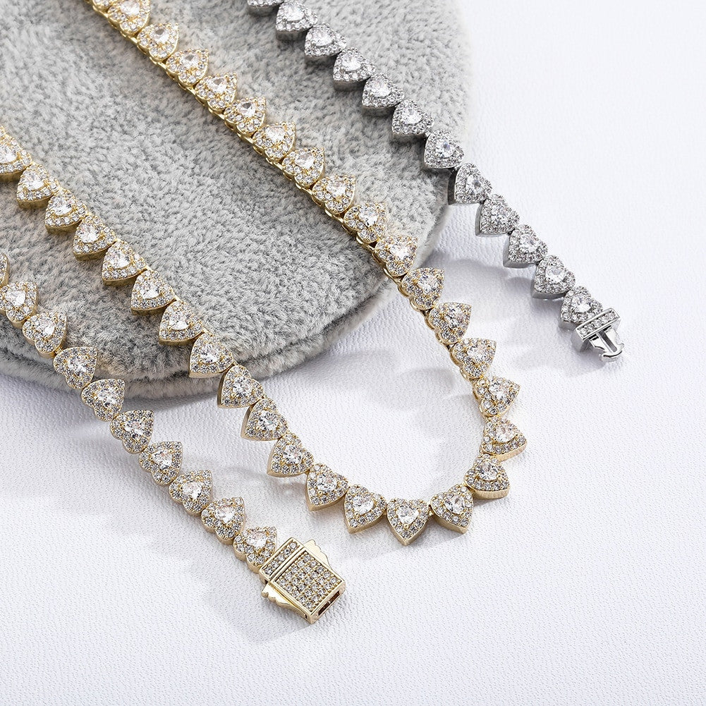 Ladies Bling Center Stone 14k Gold 925 Silver 7mm Heart Link Tennis Chain Necklace